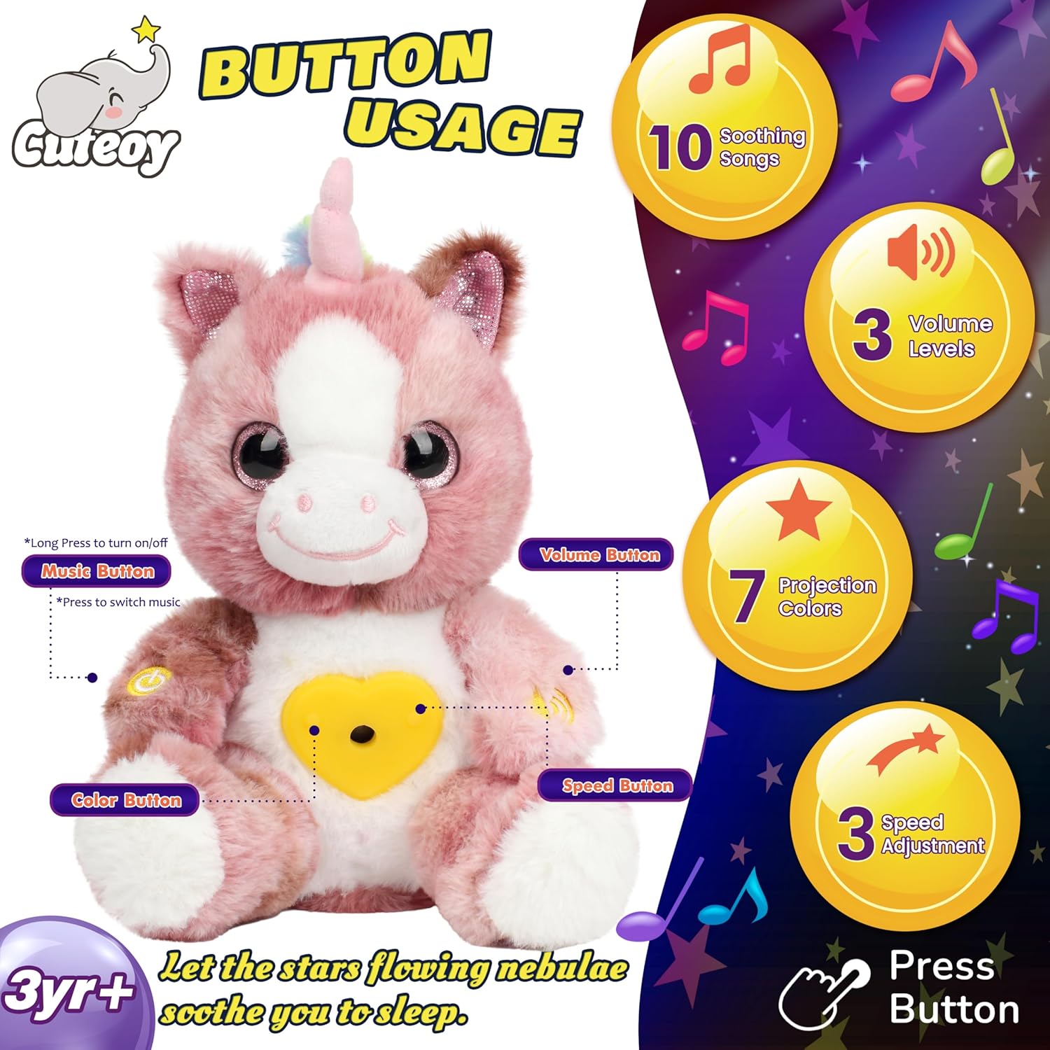 Cuteoy Plush Unicorn Star Projector Night Light