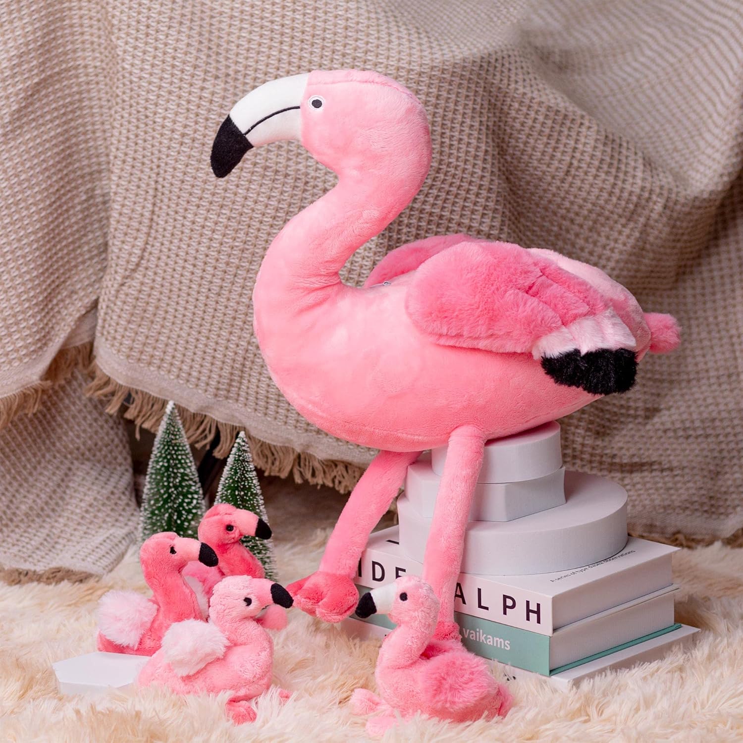 21 Inch Flamingo Plush Toy with 4 Babies - Soft Cute Machine Washable