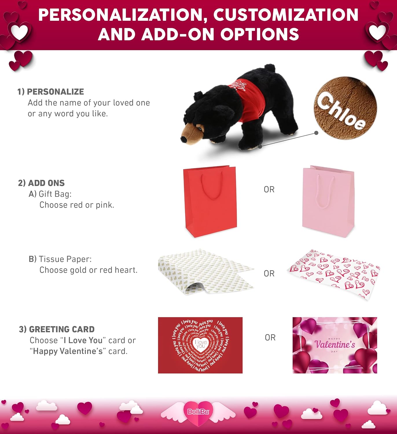 DolliBu I Love You Valentine Plush Black Bear - 16 Inches