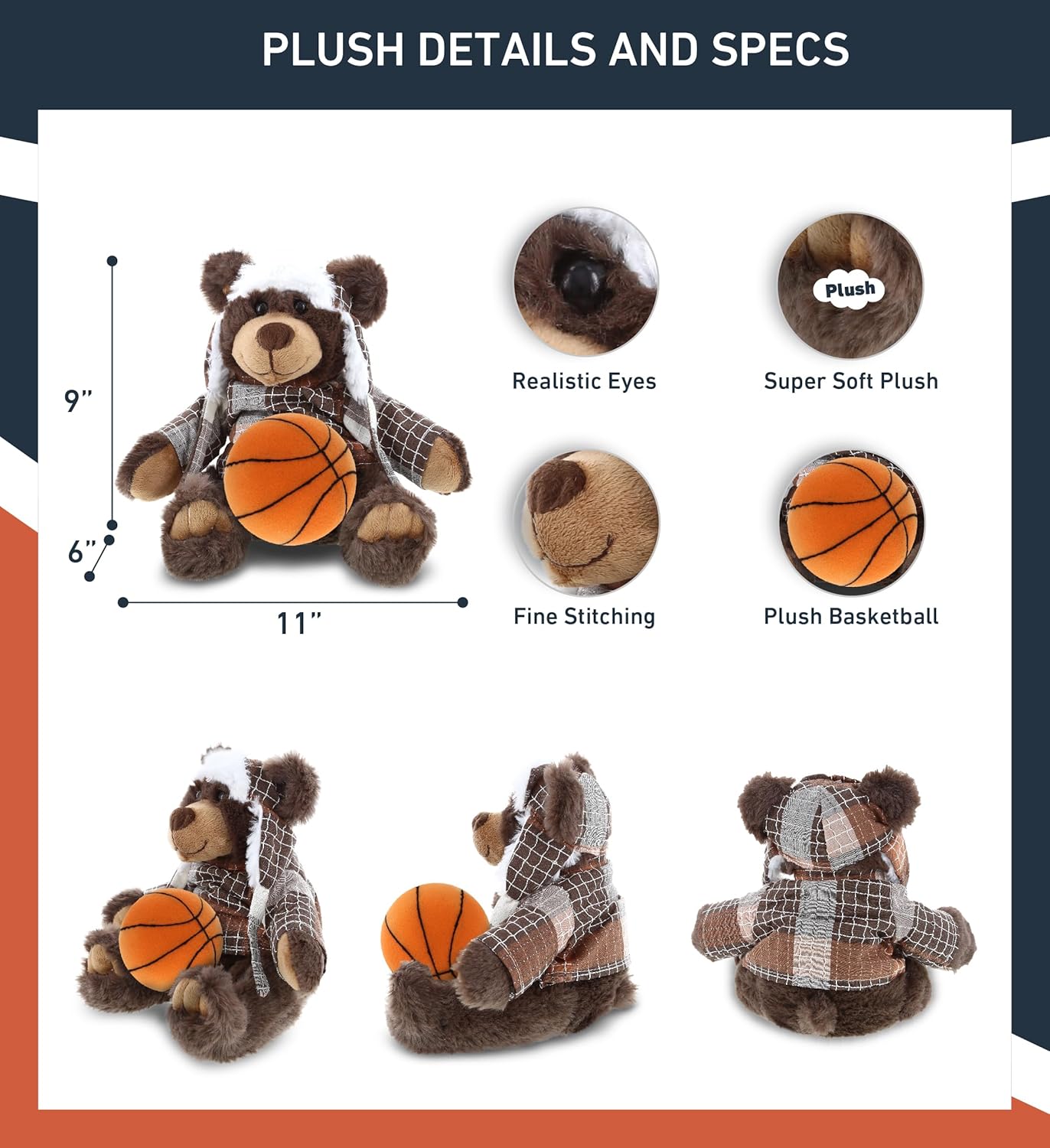 DolliBu Brown Bear with Basketball Plush - 11 Inches Huggable Stuffed Animal