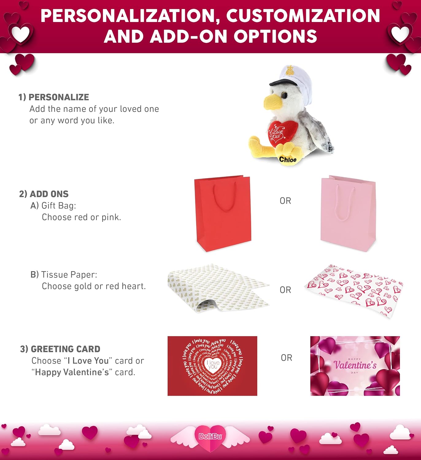 DolliBu I Love You Valentine Seagull Sailor Plush - 75 Inches