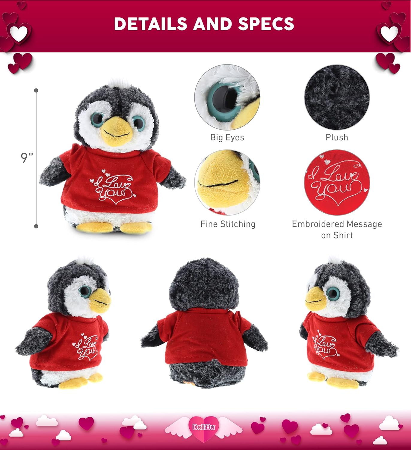 DolliBu I Love You Valentine Penguin Plush - 9 Inches