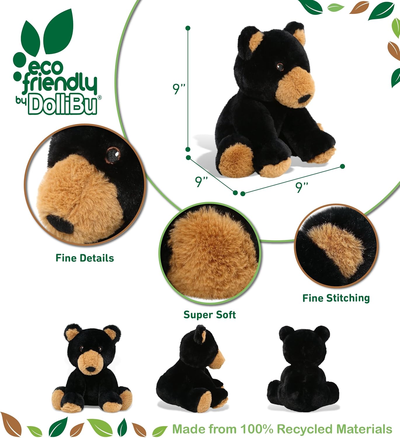 DolliBu Black Bear Plush Toy - 9 Inches Soft Huggable