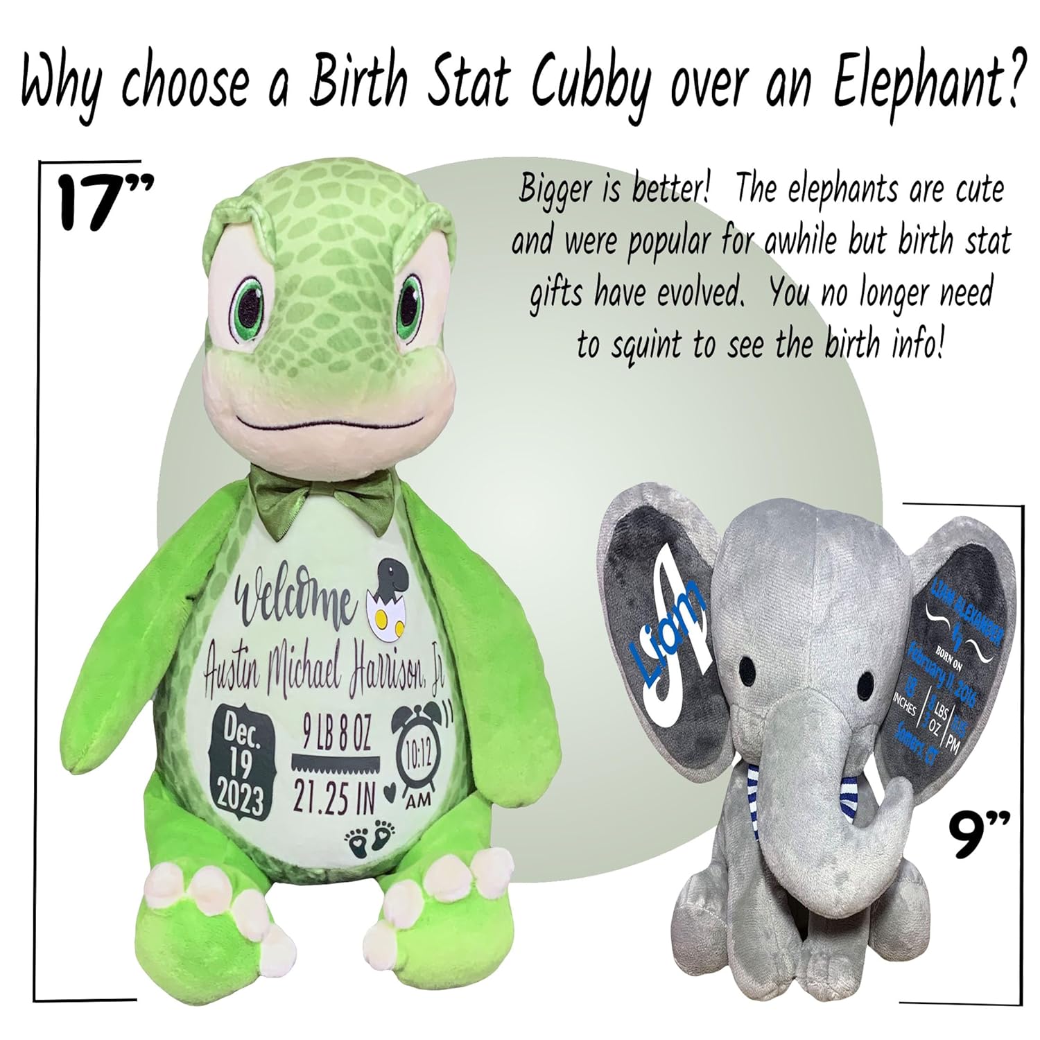 Baby Birth Stats Plush - Green Dinosaur