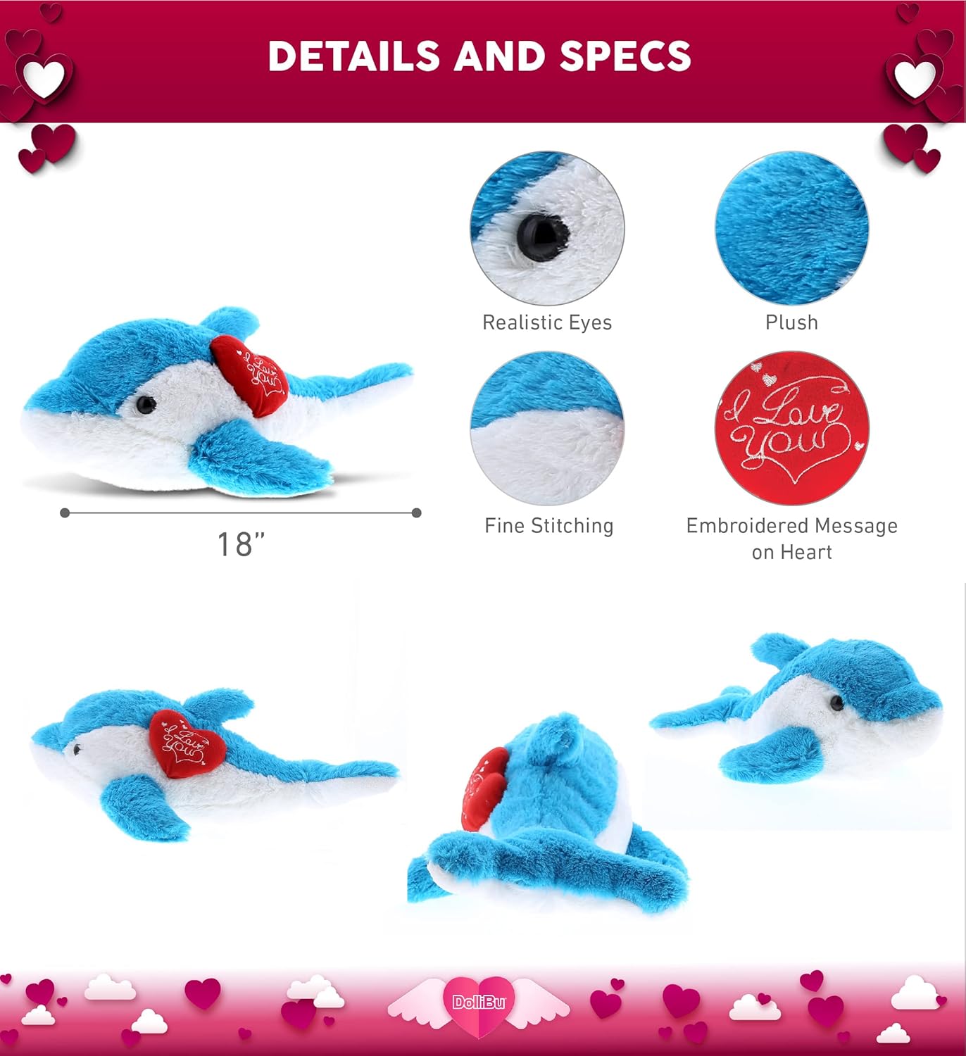 DolliBu I Love You Valentine Blue Dolphin Plush - 18 Inches