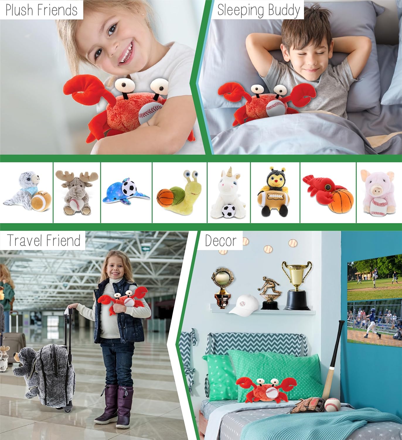 DolliBu Red Crab Stuffed Animal with Baseball - 12 Inches