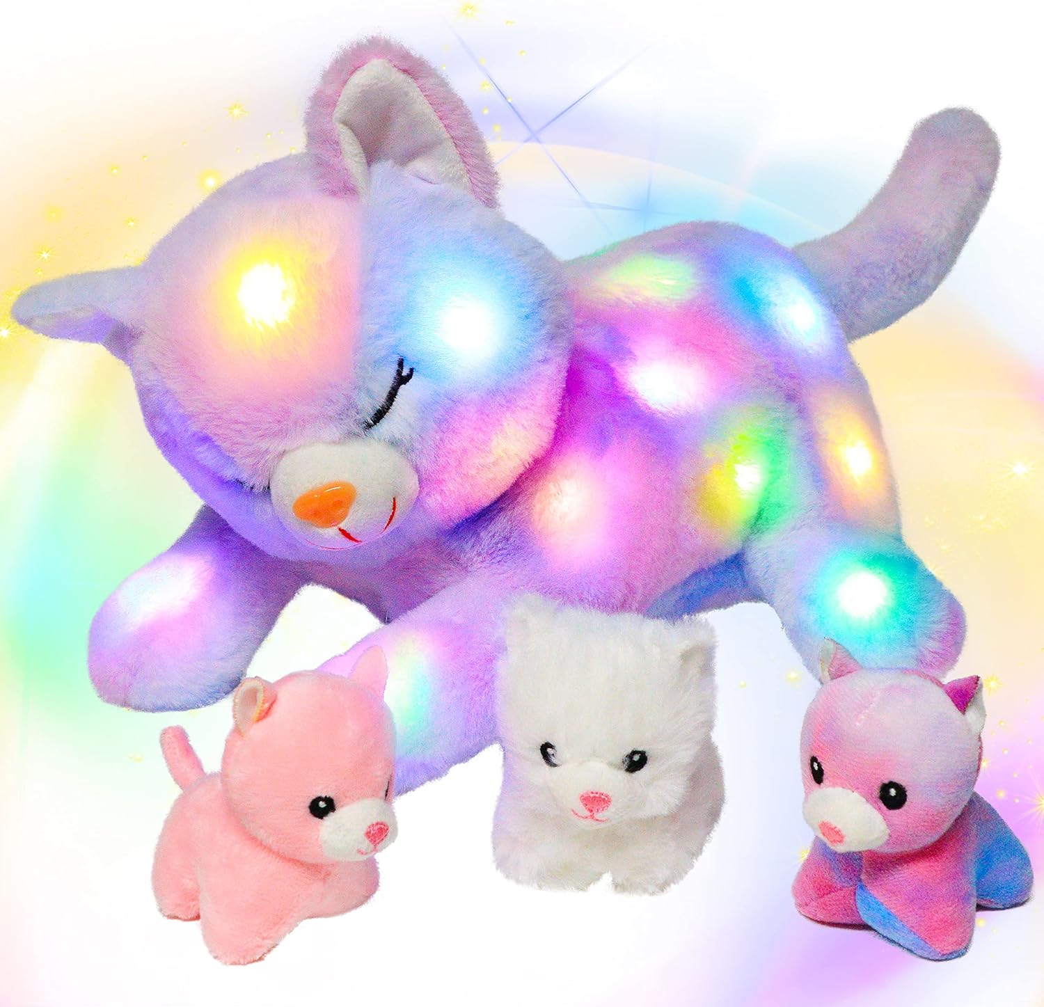 Hopearl LED Plush Cat Night Light Playset with 3 Baby Kittens