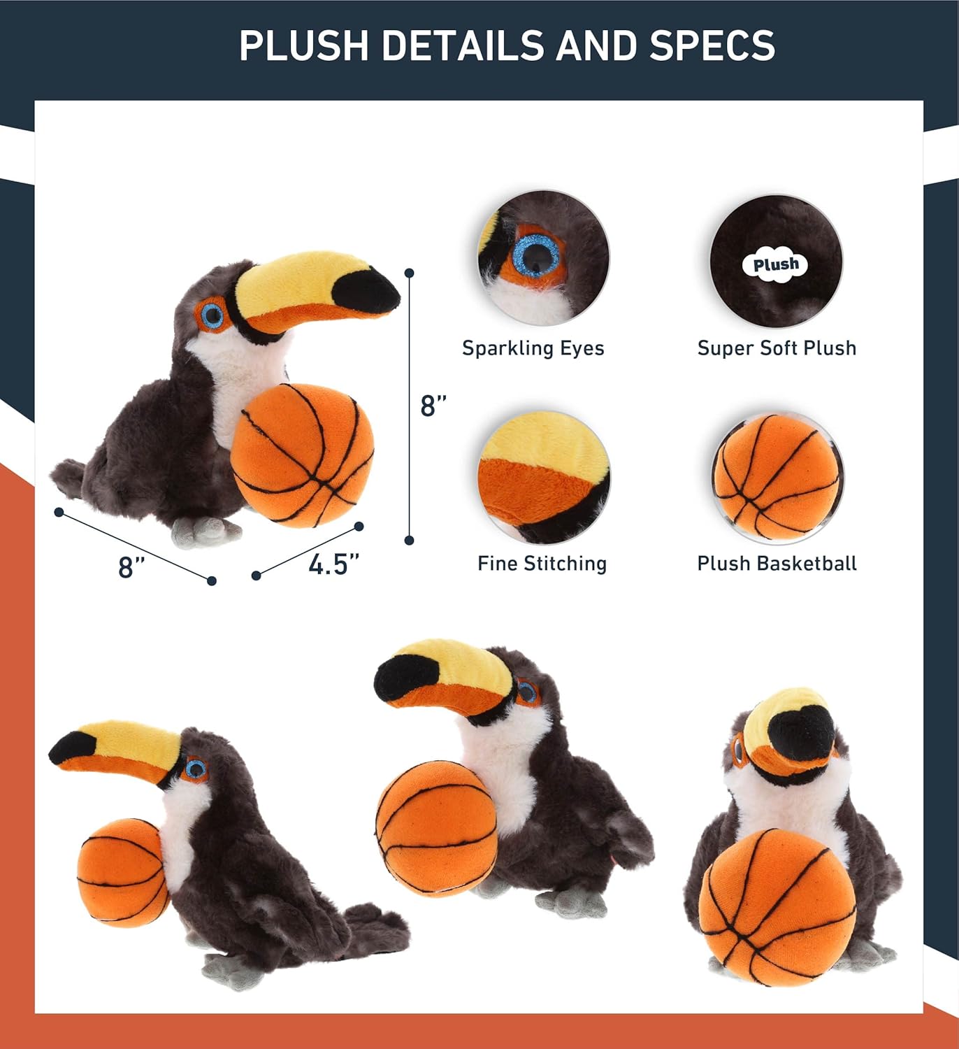DolliBu Toucan Plush with Basketball - 8 Inches Huggable Toy