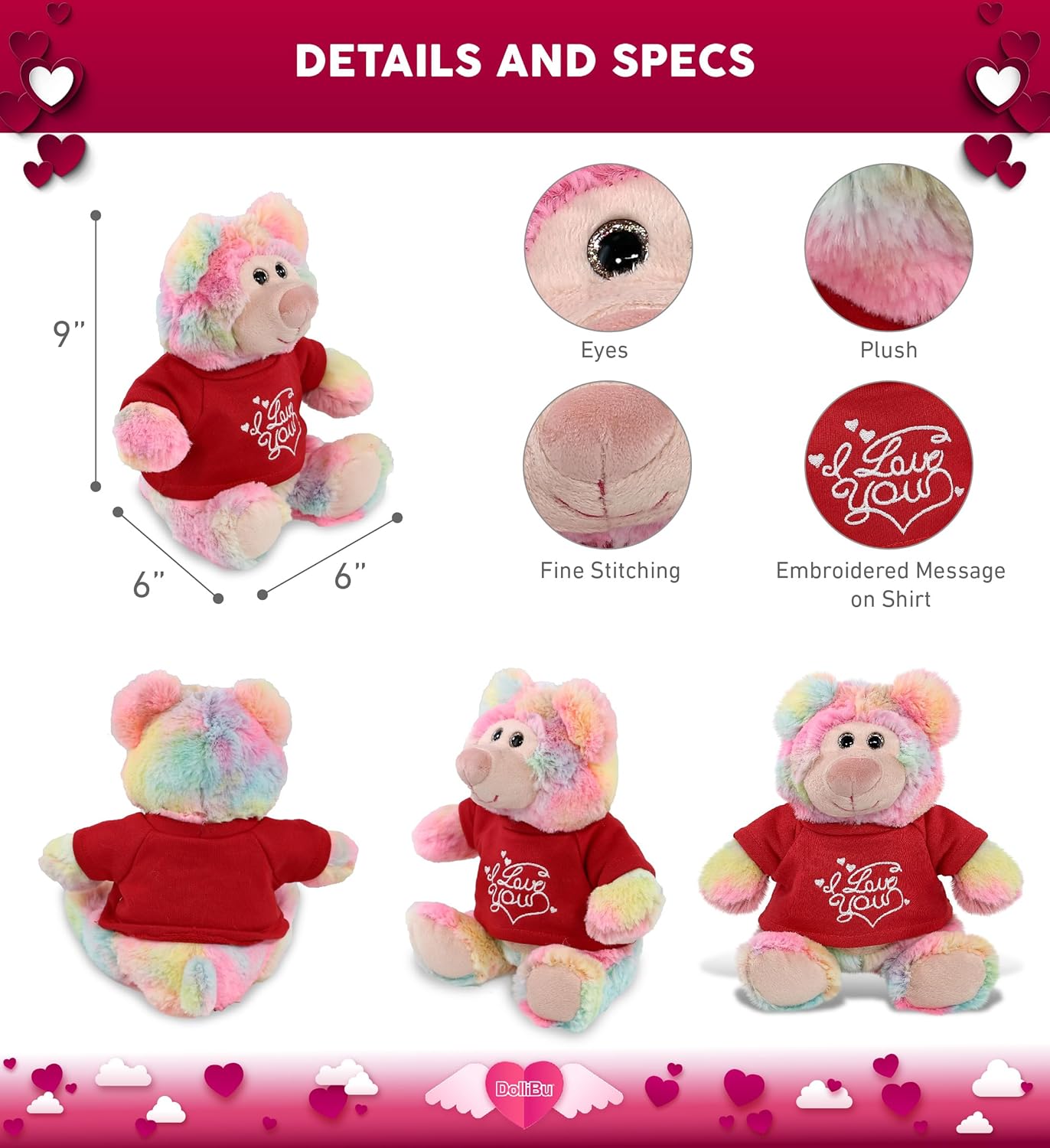 DolliBu I Love You Rainbow Bear Plush - 9 Inches