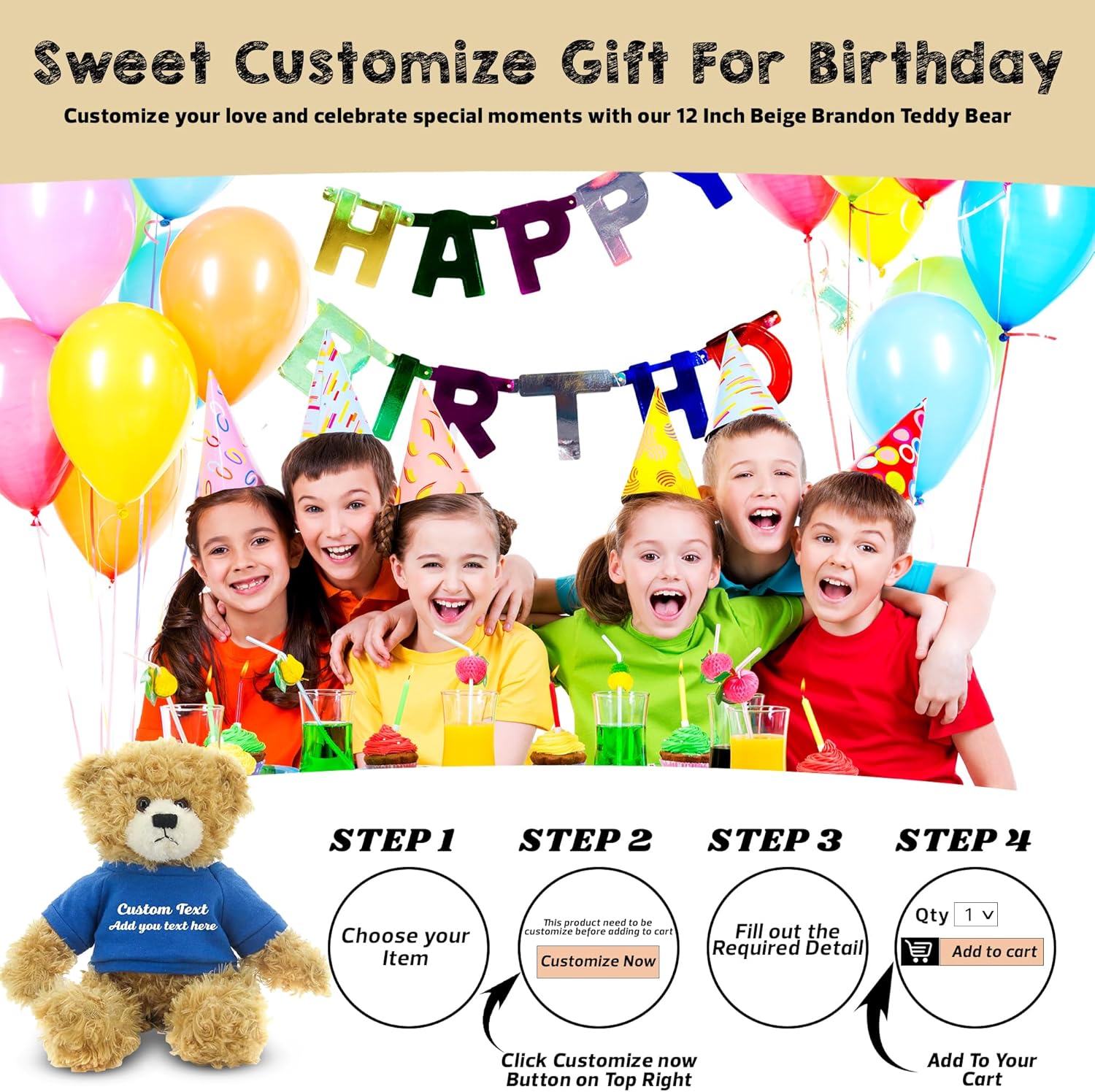 Customized Beige Brandon Bear 12 Inch Personalized Plush Toy