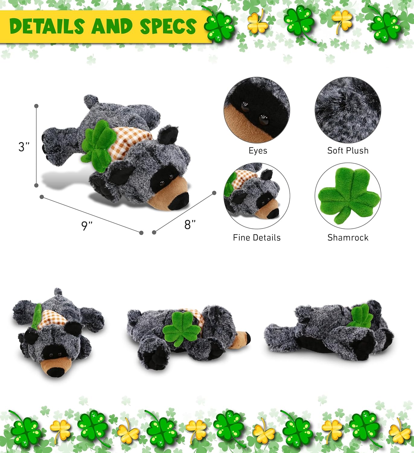 DolliBu 9 Inch Lying Black Bear Plush with Green Shamrock