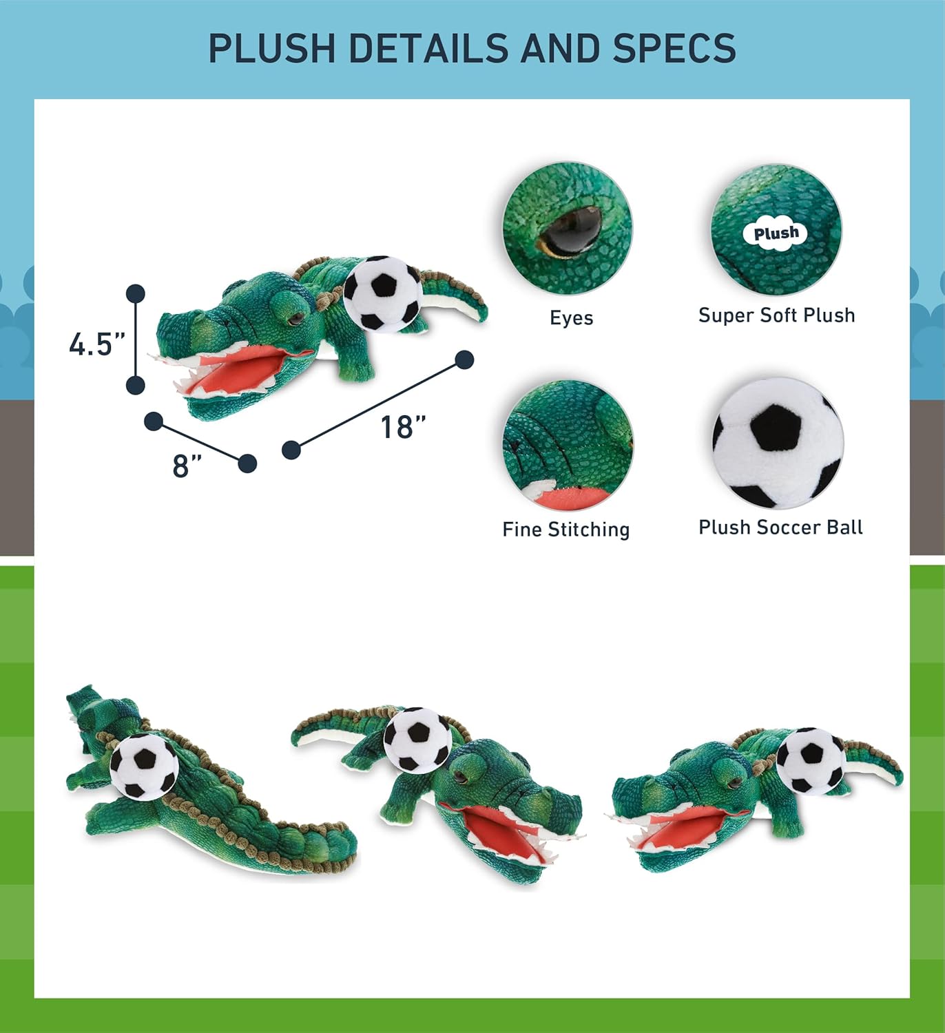 DolliBu Green Alligator Plush with Soccer Ball - 18 Inches 1