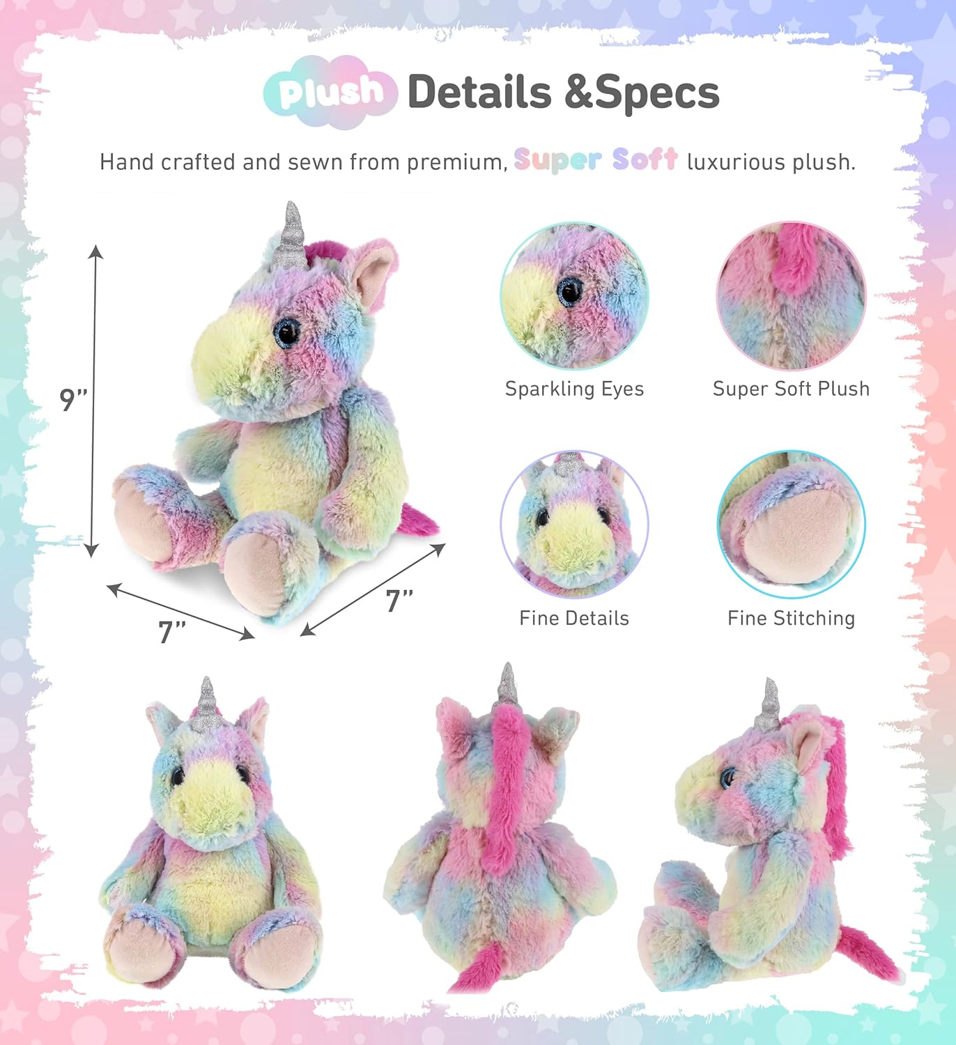DolliBu Plush Unicorn Stuffed Animal - 9 Inch Huggable Rainbow Toy