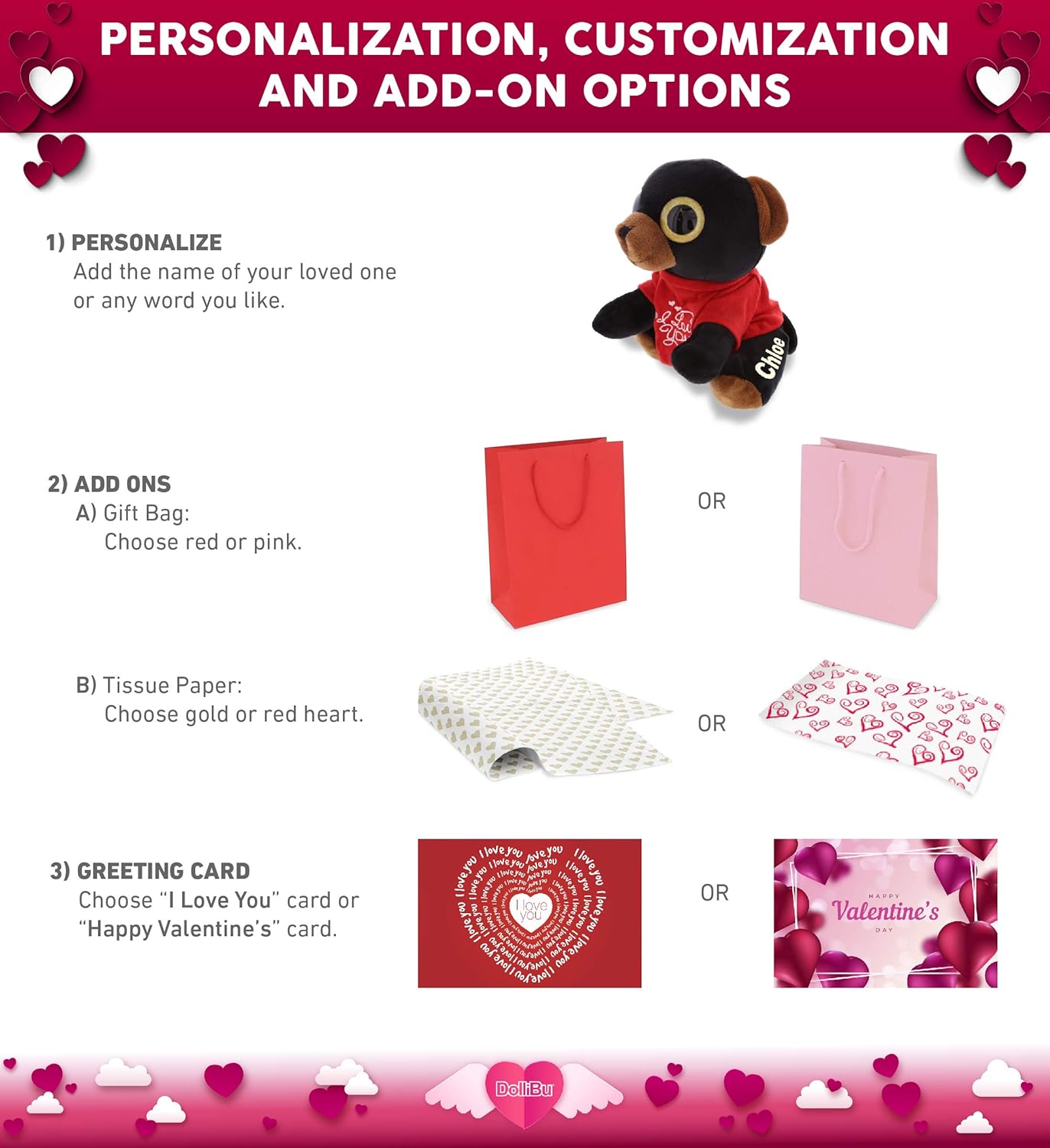 DolliBu I Love You Valentine Plush Black Bear - 8 Inches