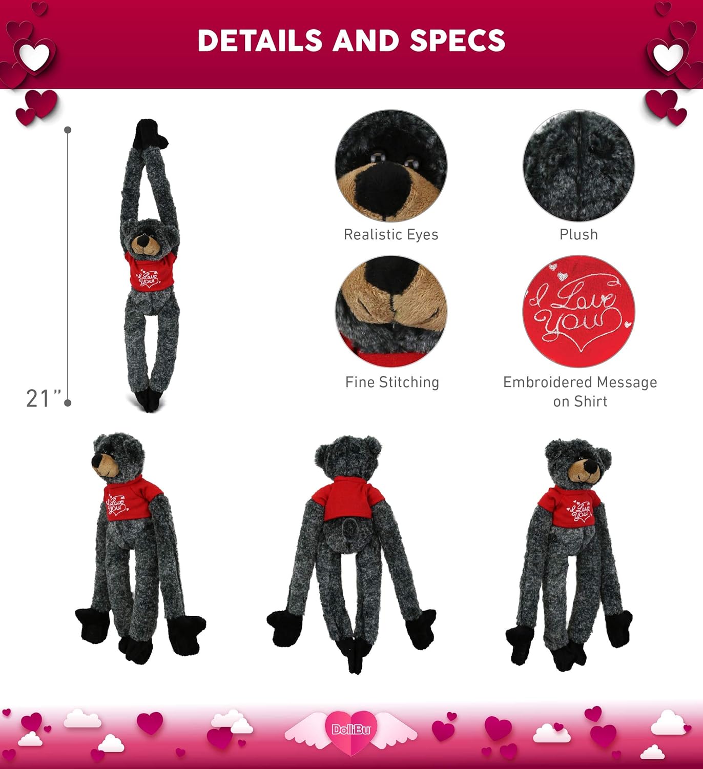 DolliBu I Love You Valentine Black Bear Plush - 21 Inches 1