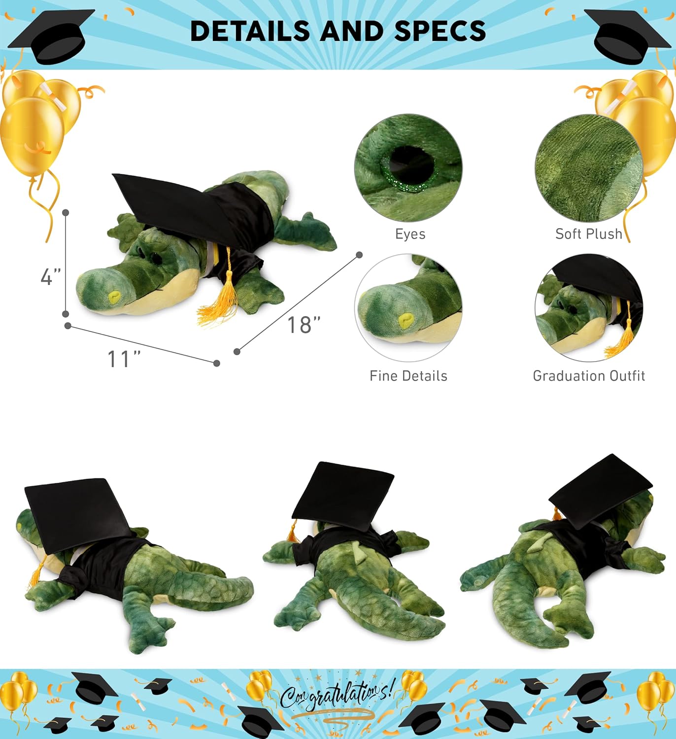 DolliBu Alligator Graduation Plush - 18 Inches with Personalization