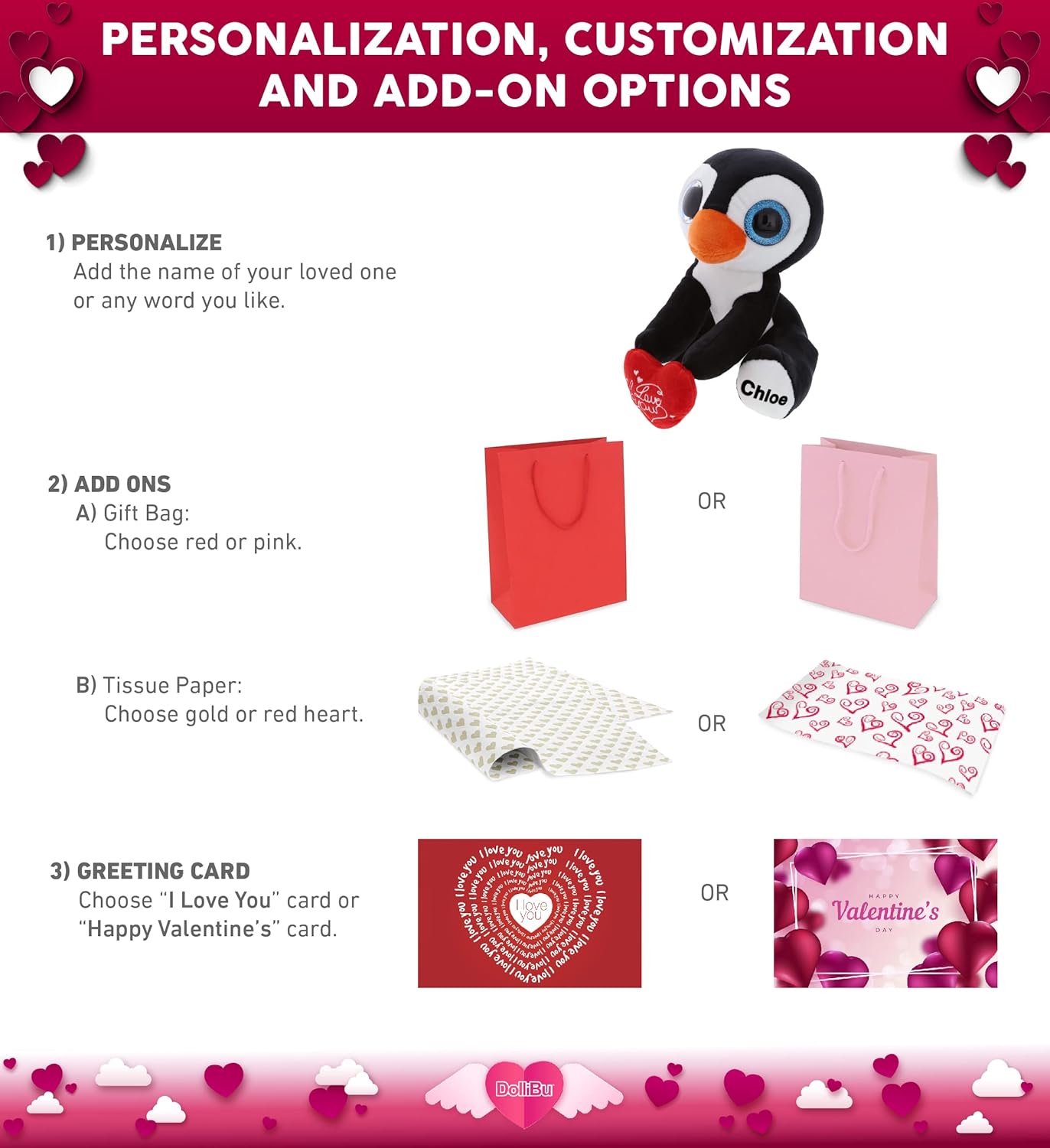 DolliBu I Love You Valentine Penguin Plush - 8 Inch