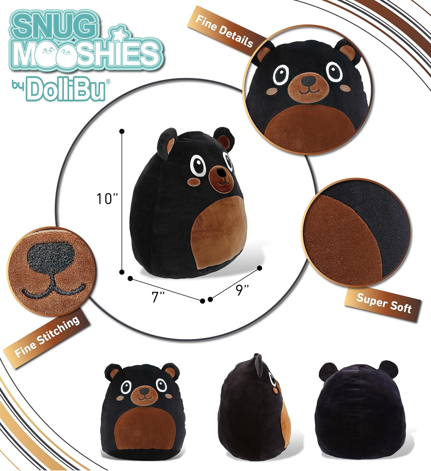 DolliBu Snug-Mooshies Black Bear Plush Toy - 10 Inch