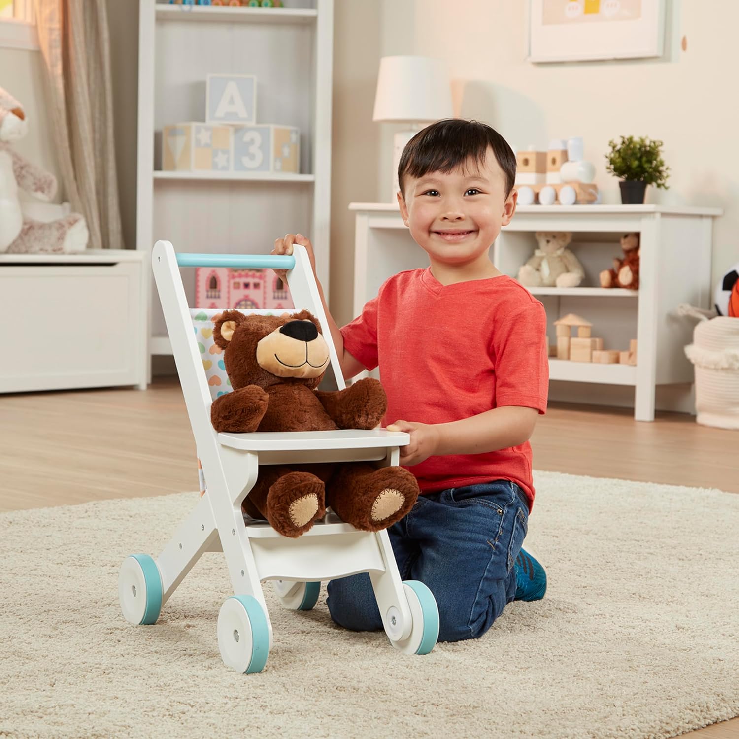 Melissa Doug White Wooden Play Stroller for Dolls and Stuffed Animals