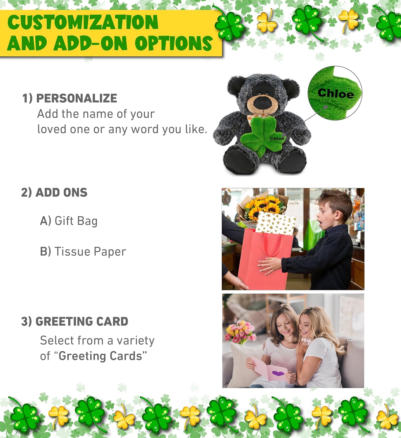 DolliBu 9 Inch Sitting Black Bear Plush with Shamrock