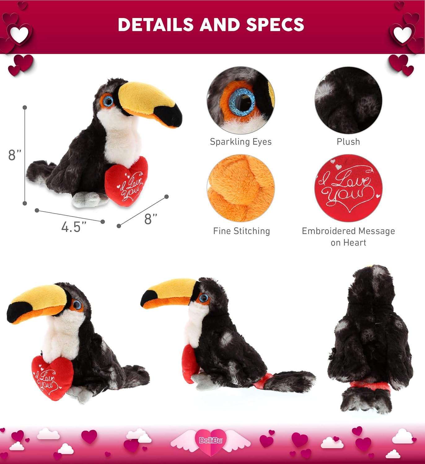 DolliBu Personalized I Love You Toucan Plush - 8 Inches