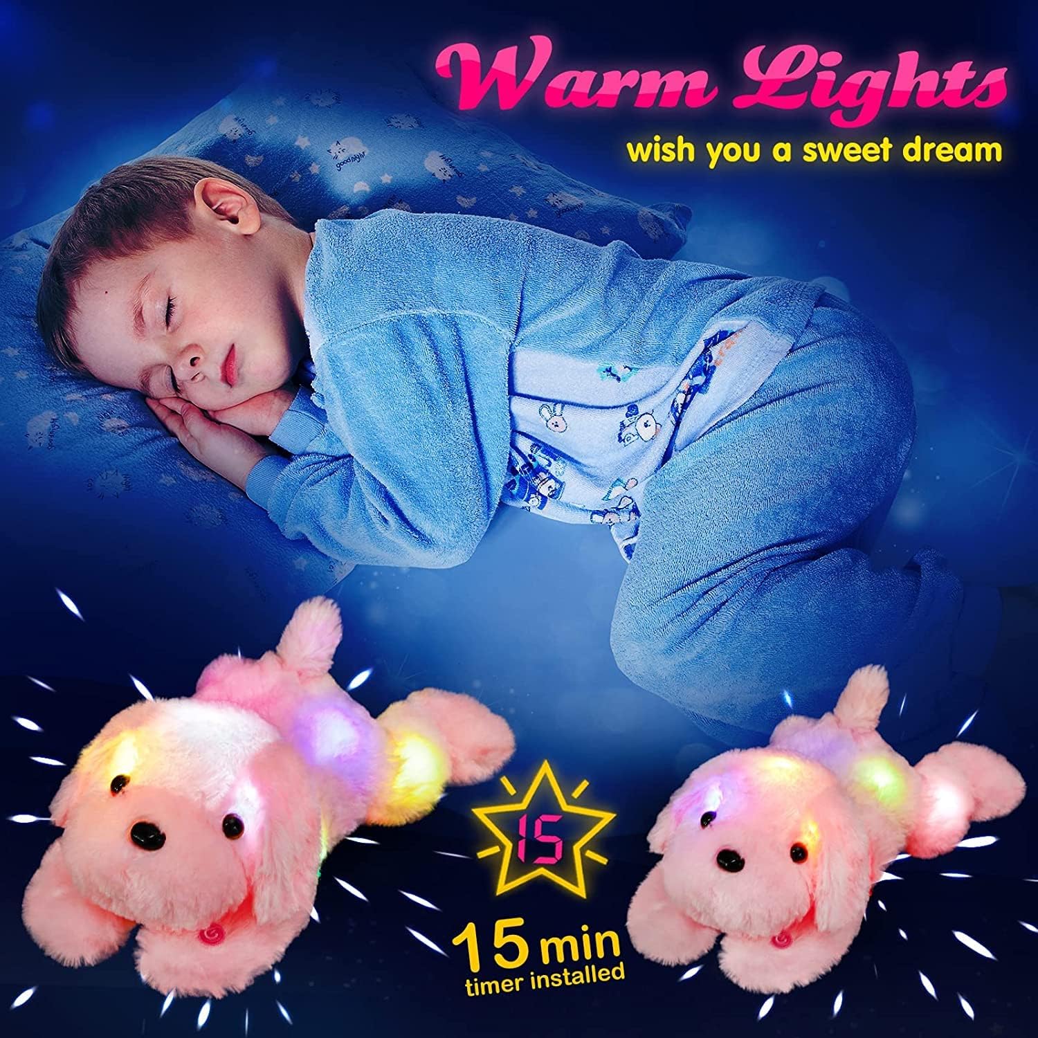 Glowing LED Pink Puppy Dog Plush Toy with Night Light