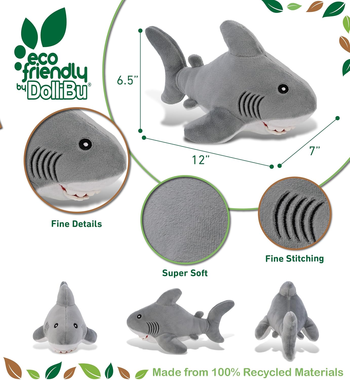 DolliBu Shark Plush Toy 12 Inches Eco-Friendly