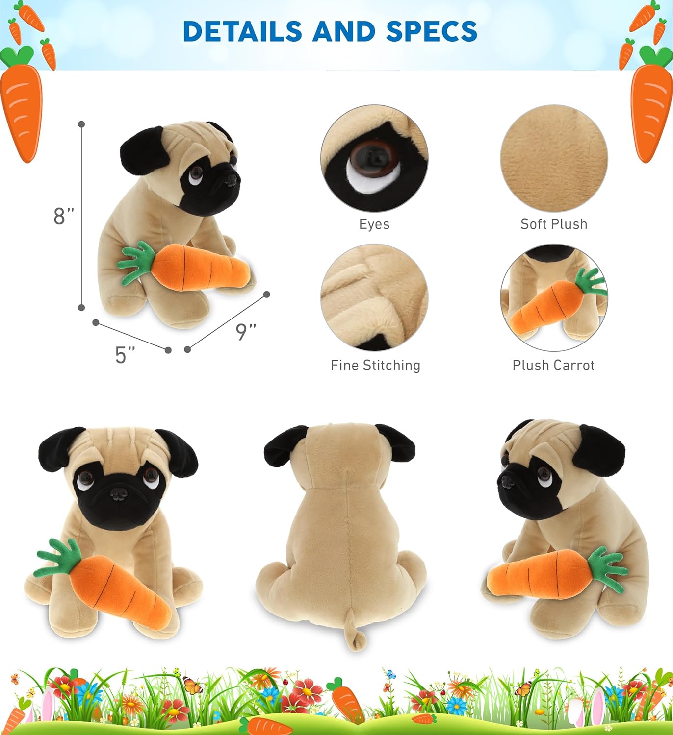 DolliBu Happy Easter Soft Plush Pug Dog with Carrot