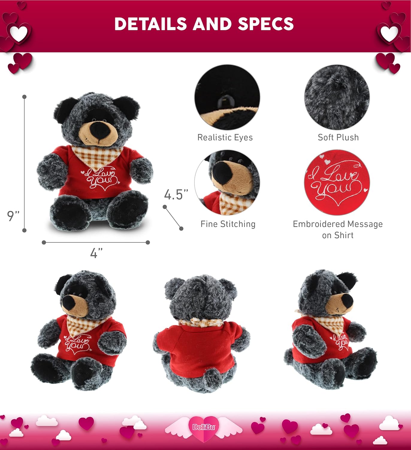 DolliBu I Love You Valentine Plush Black Bear - 8 Inches 1
