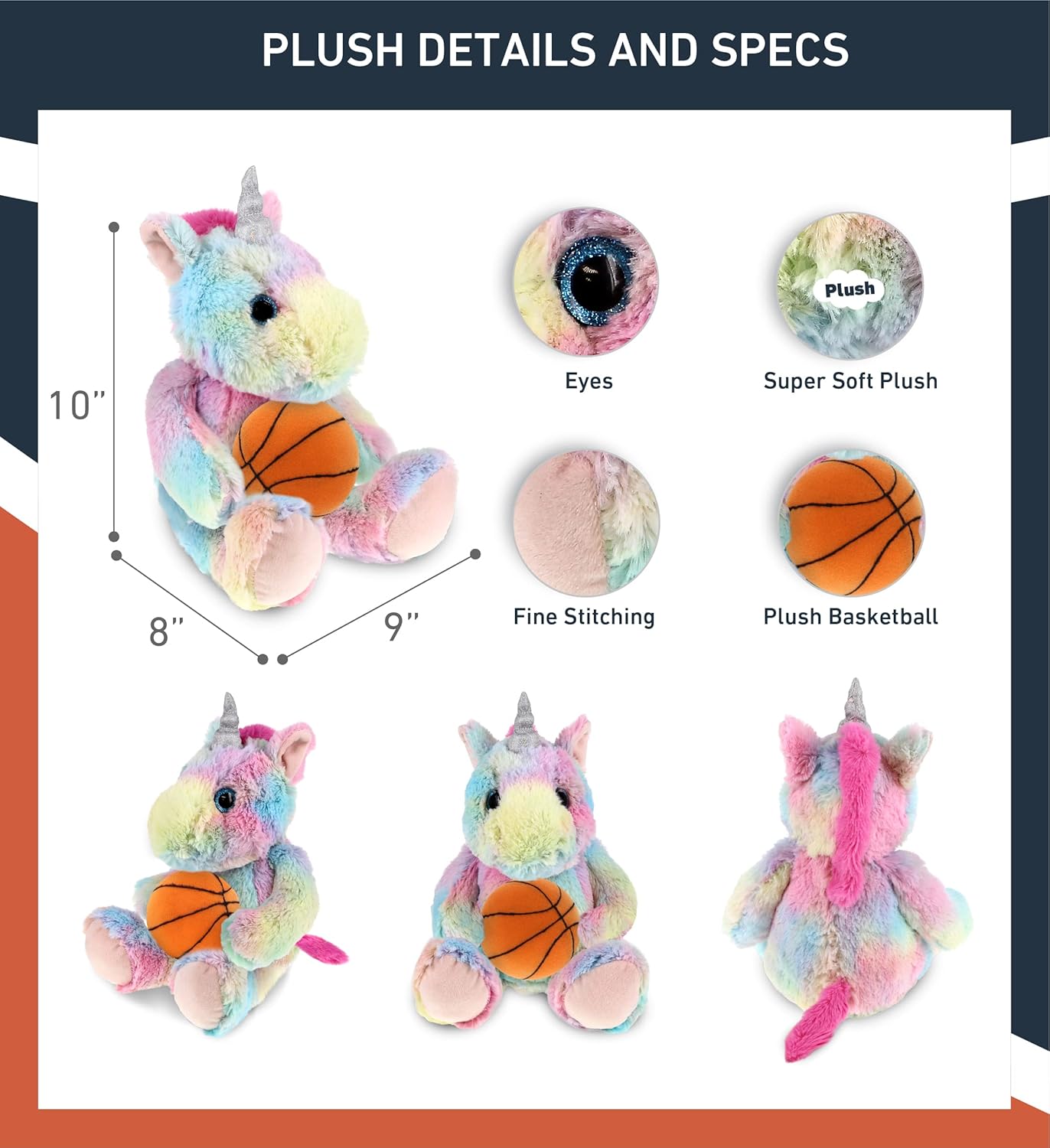 DolliBu Sitting Rainbow Unicorn Plush with Basketball - 10 Inches