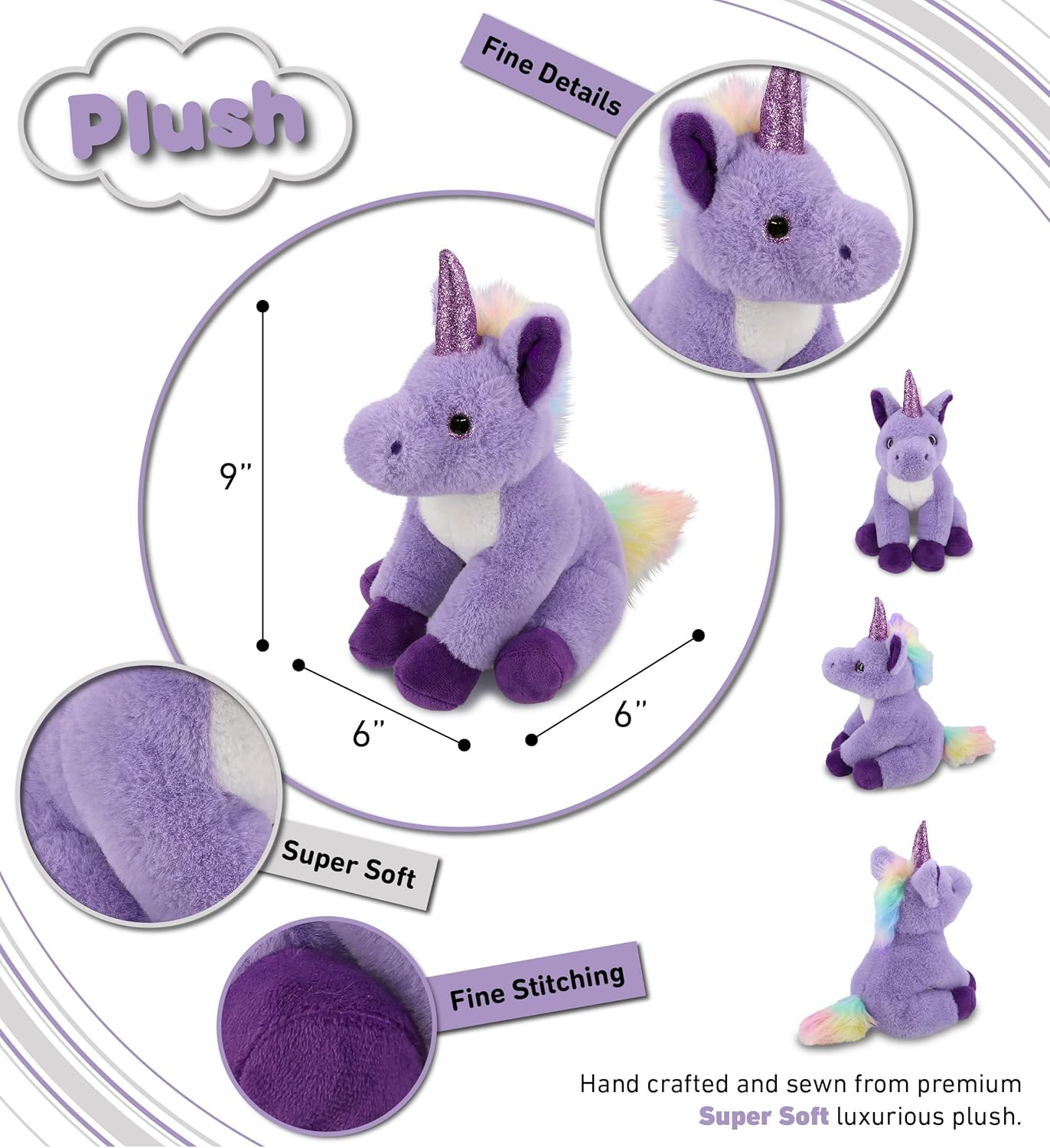 DolliBu Plush Purple Unicorn - 9 Inches Huggable Toy