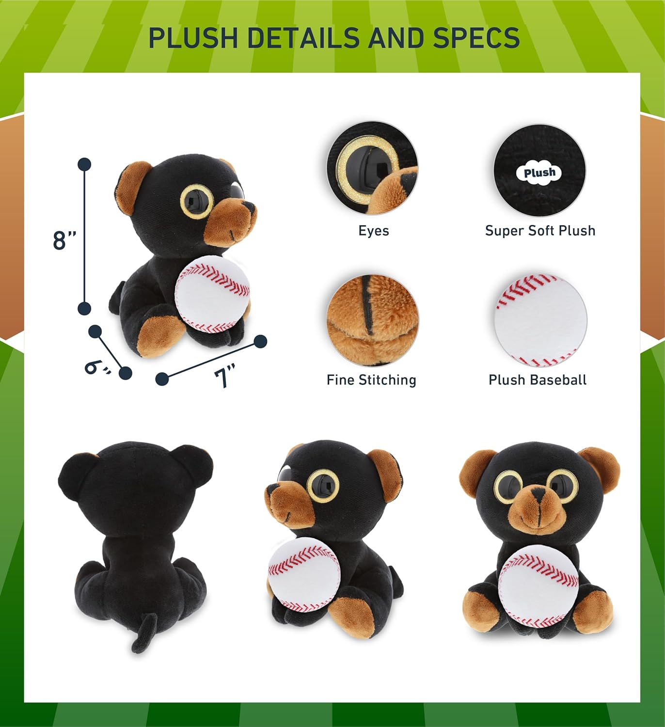 DolliBu Sparkling Eyes Black Bear with Baseball Plush - 8 Inch