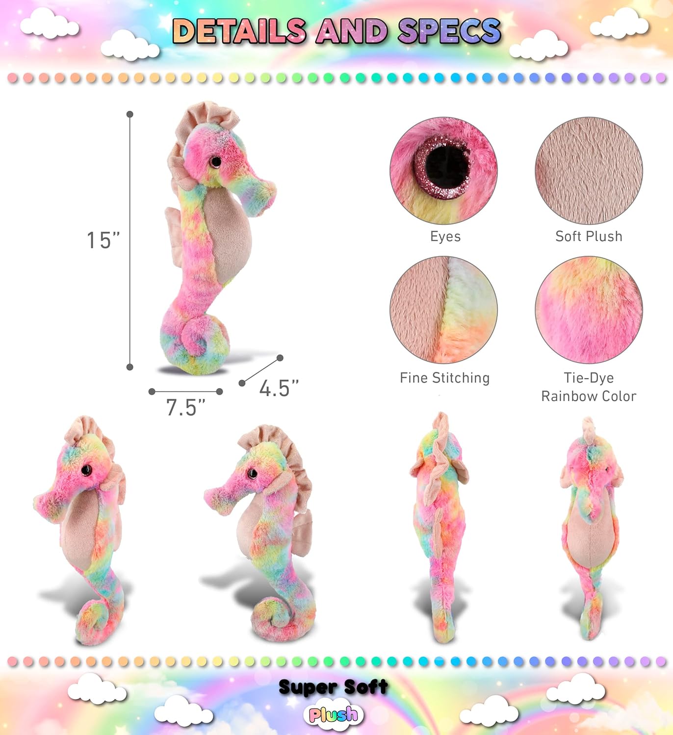 Dolli Bu Rainbow Seahorse Plush Toy - 15 Inches