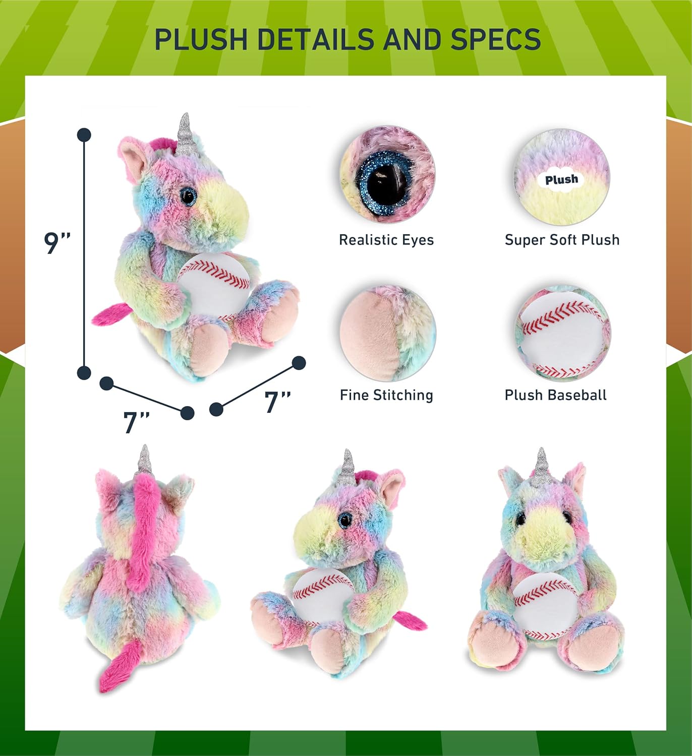 DolliBu Rainbow Unicorn Stuffed Animal with Baseball - 10 Inches