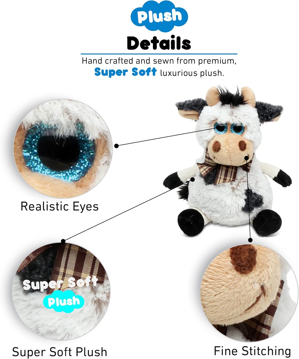 DolliBu Plush Cow Stuffed Animal - 7 Inch Huggable Cow Toy