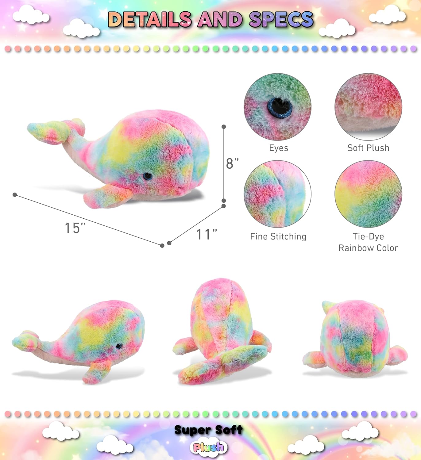DolliBu Rainbow Whale XL Plush Toy 15 Inches