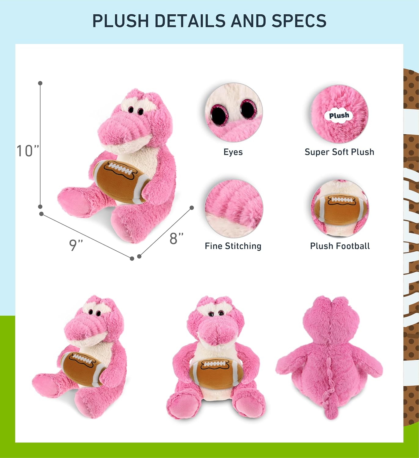 DolliBu Sitting Pink Alligator Plush Toy with Football - 10 Inches