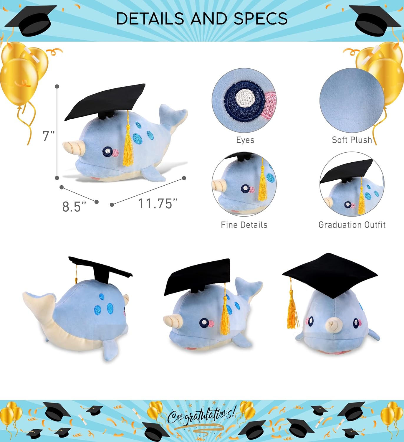 DolliBu Blue Narwhal Graduation Plush Toy - 1175 Inch 1