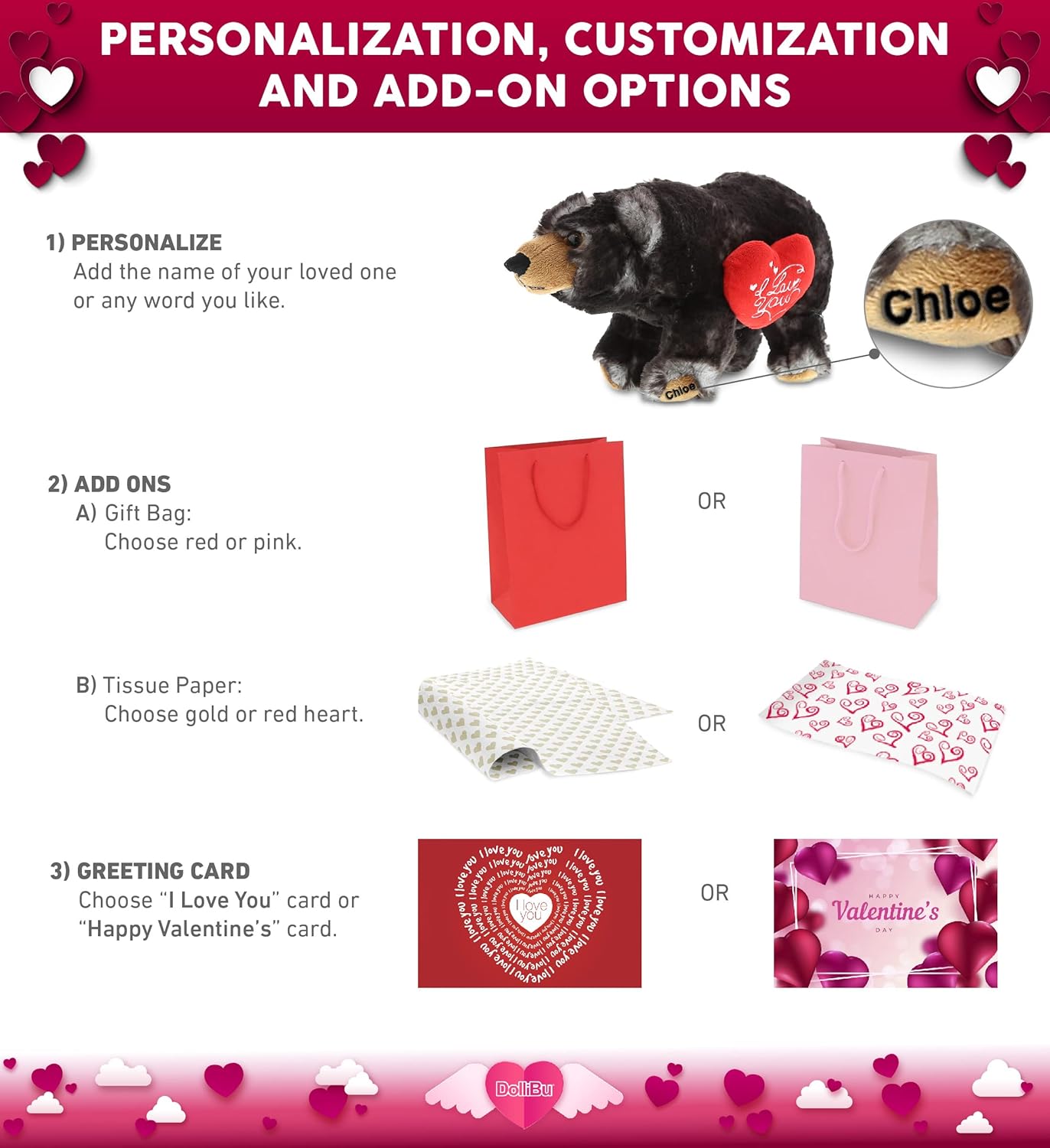 DolliBu Personalized Valentine Wild Black Bear Plush Toy