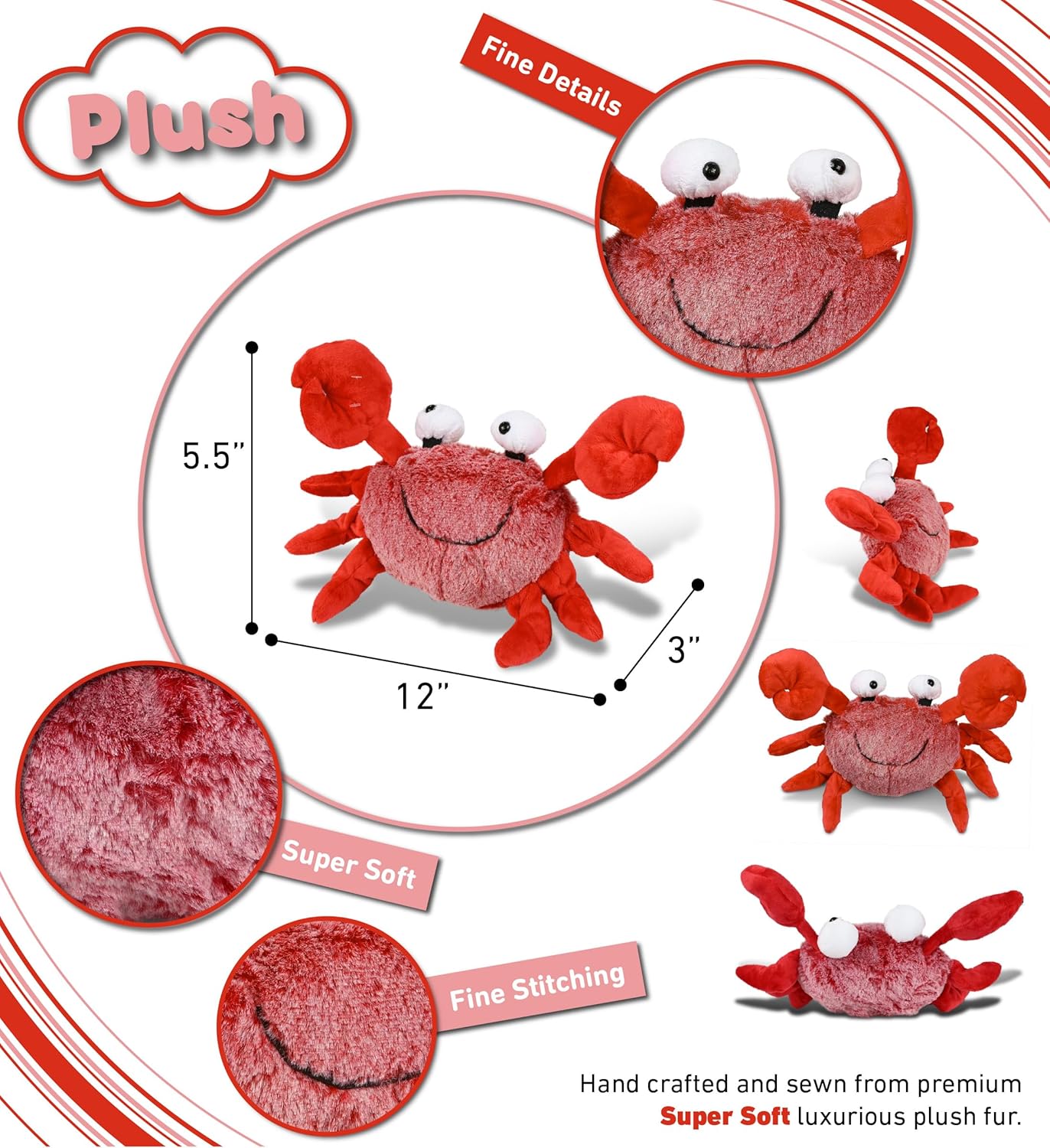 DolliBu Red Crab Plush Toy - 12 Inches Soft Stuffed Animal