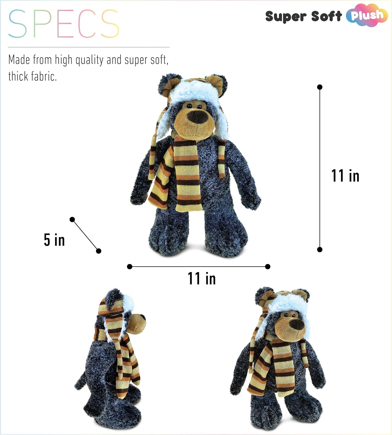 DolliBu Plush Black Bear Stuffed Animal - 11 Inches with Hat and Scarf
