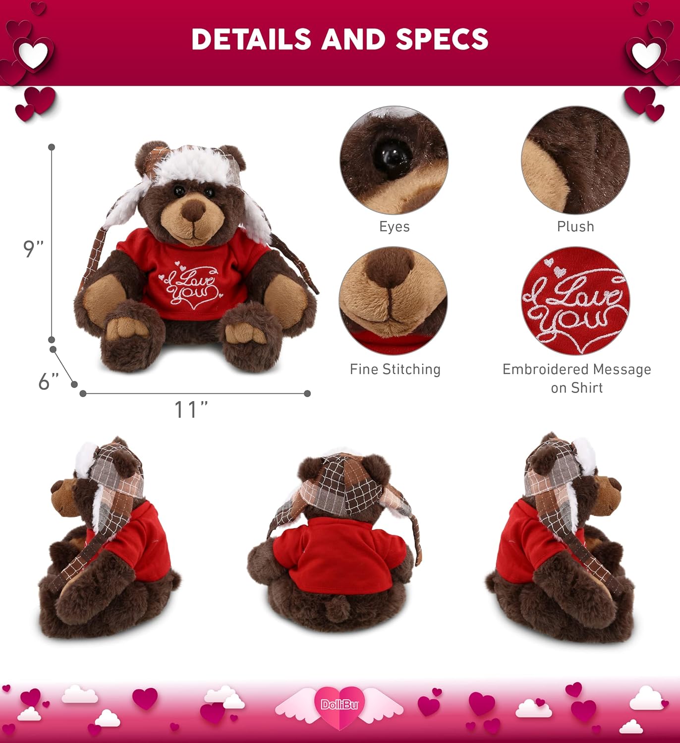 DolliBu I Love You Brown Bear Plush - 11 Inches 1