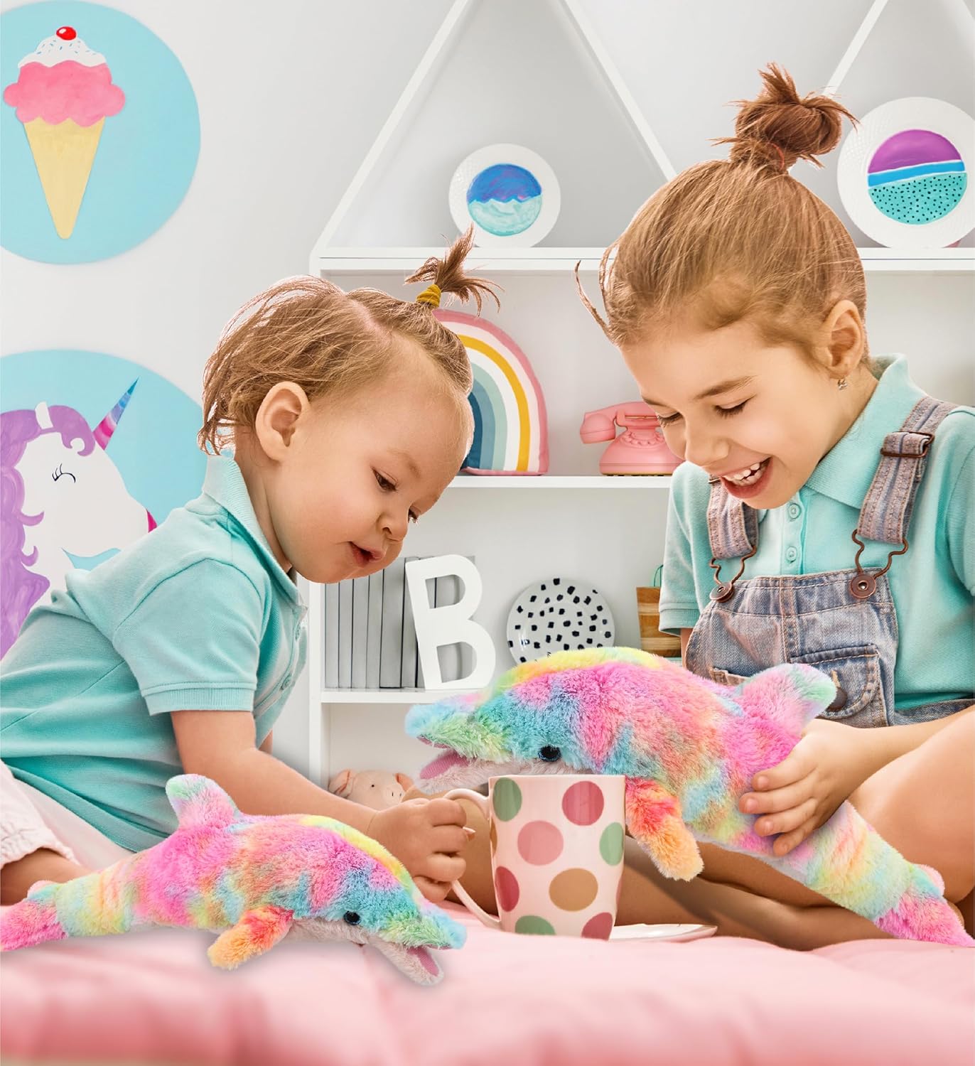 DolliBu Rainbow Plush Dolphin Toys 2 Pack