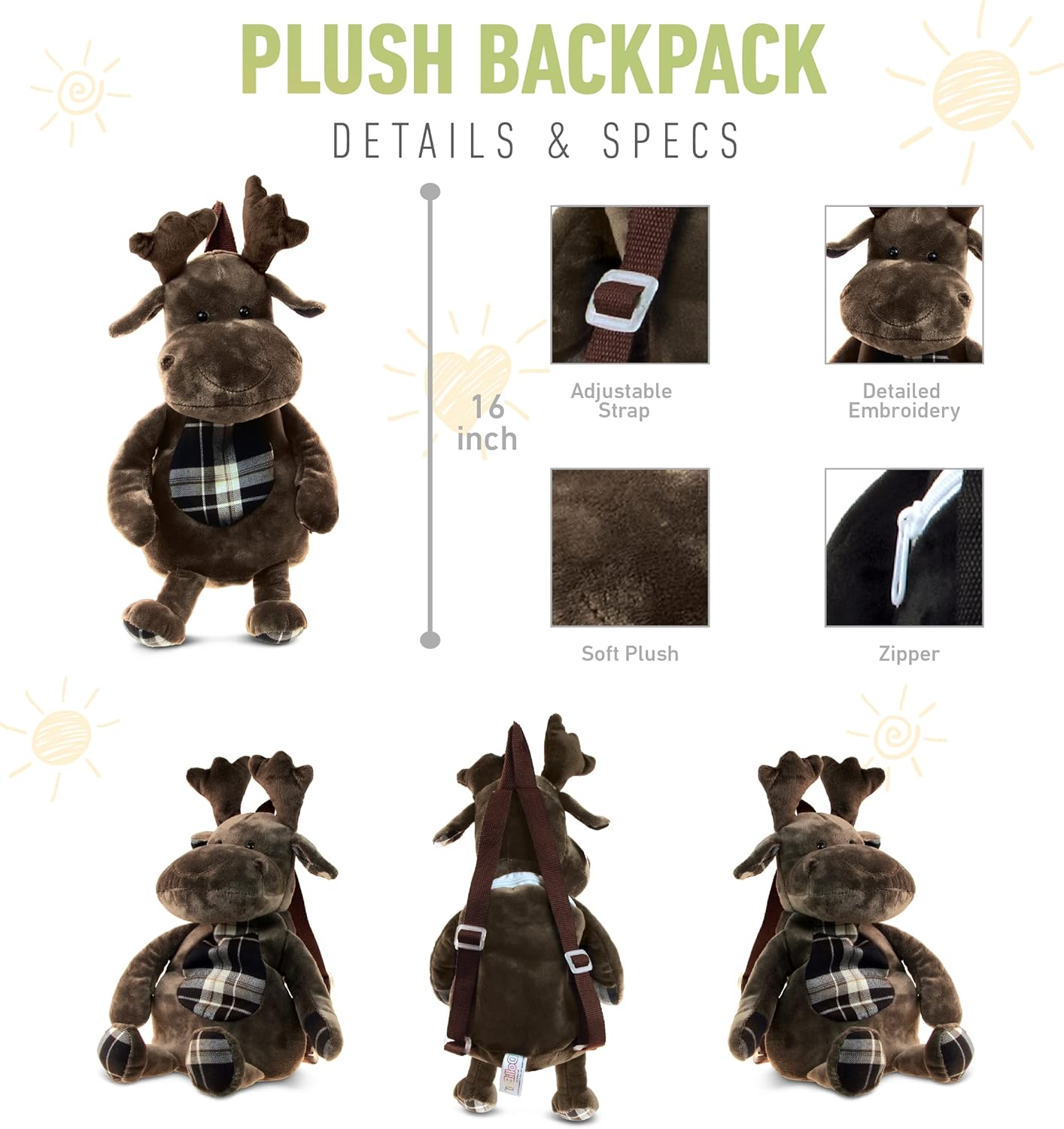 DolliBu Moose Stuffed Animal Backpack - 14 Inches