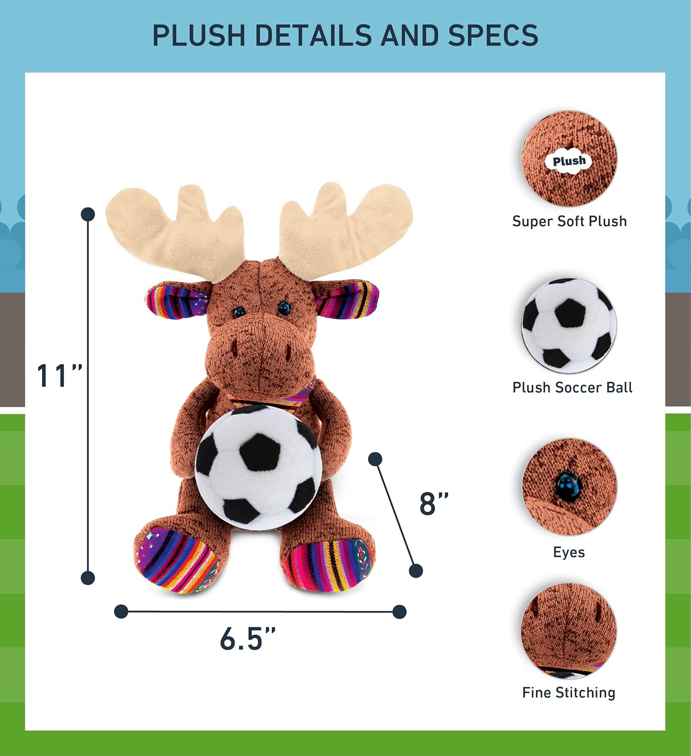 DolliBu Sitting Brown Moose Plush with Soccer Ball - 11 Inches