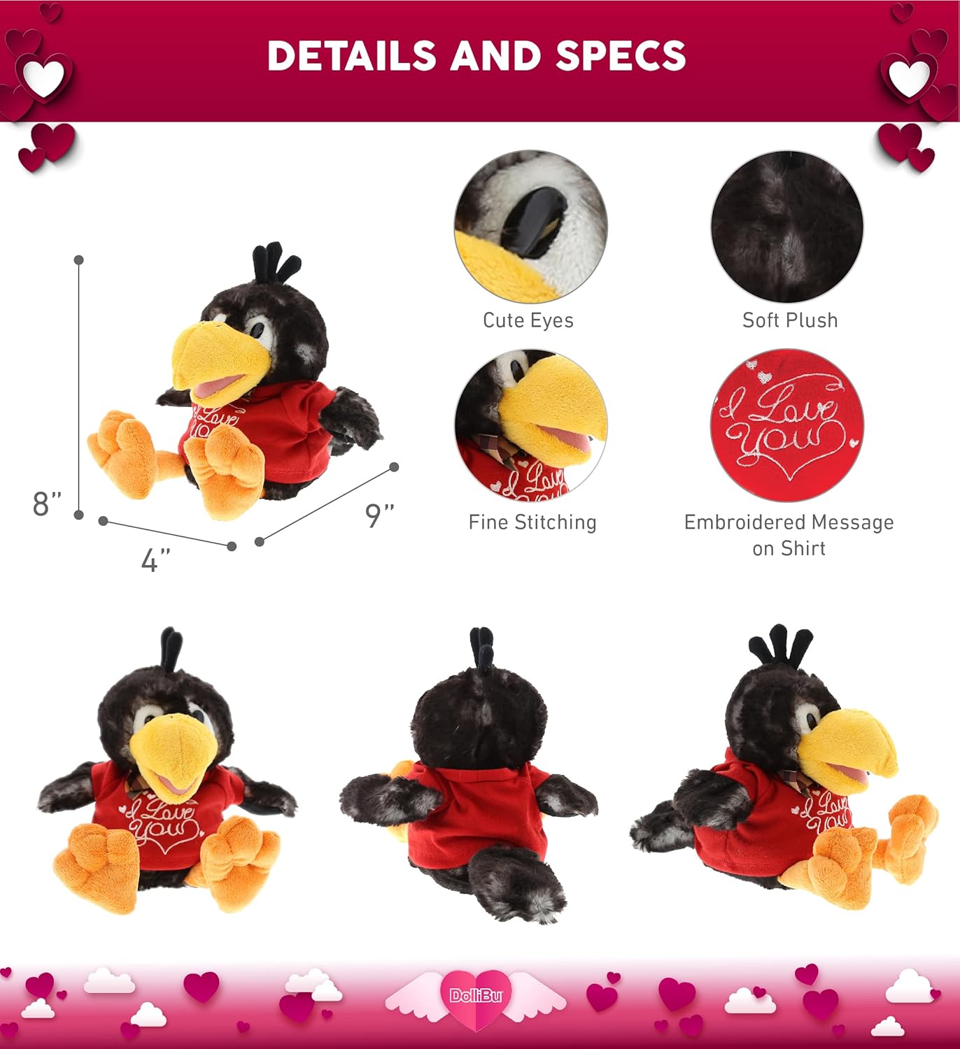 DolliBu I Love You Valentine Sitting Crow Plush Toy