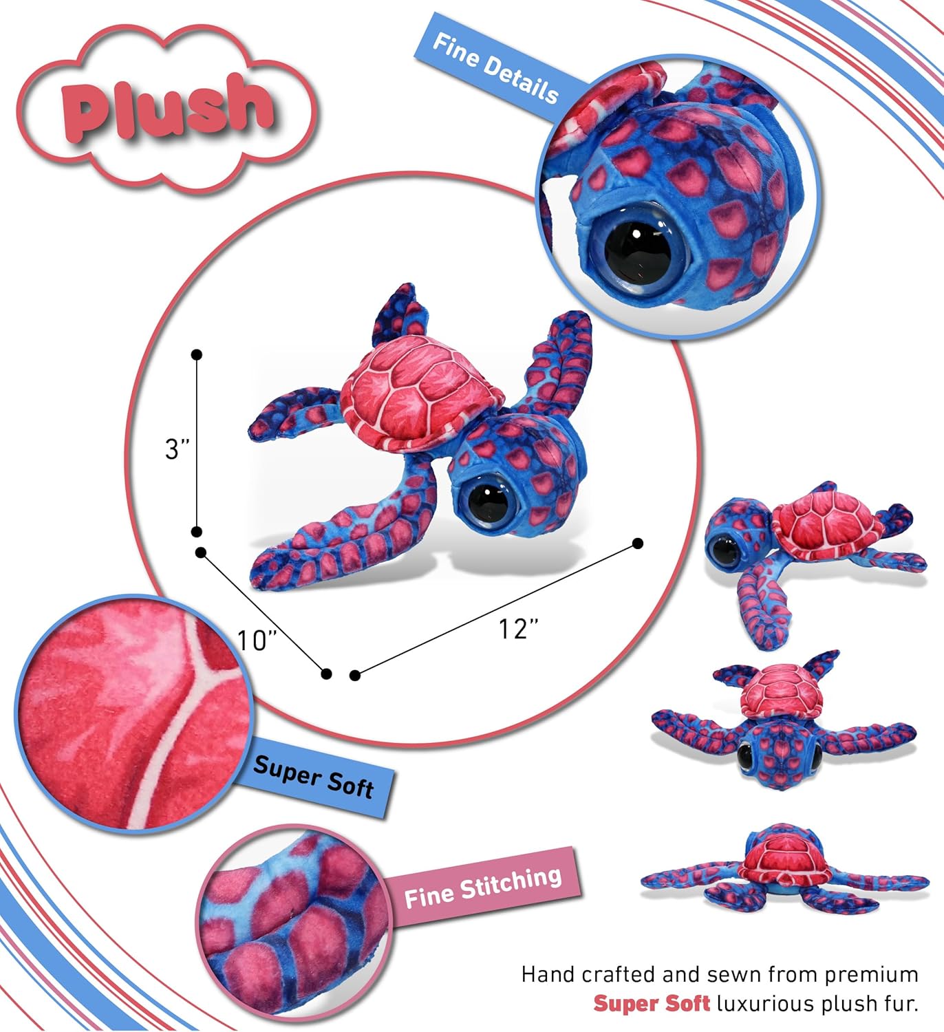 DolliBu Pink Sea Turtle Plush Stuffed Animal 10 Inches