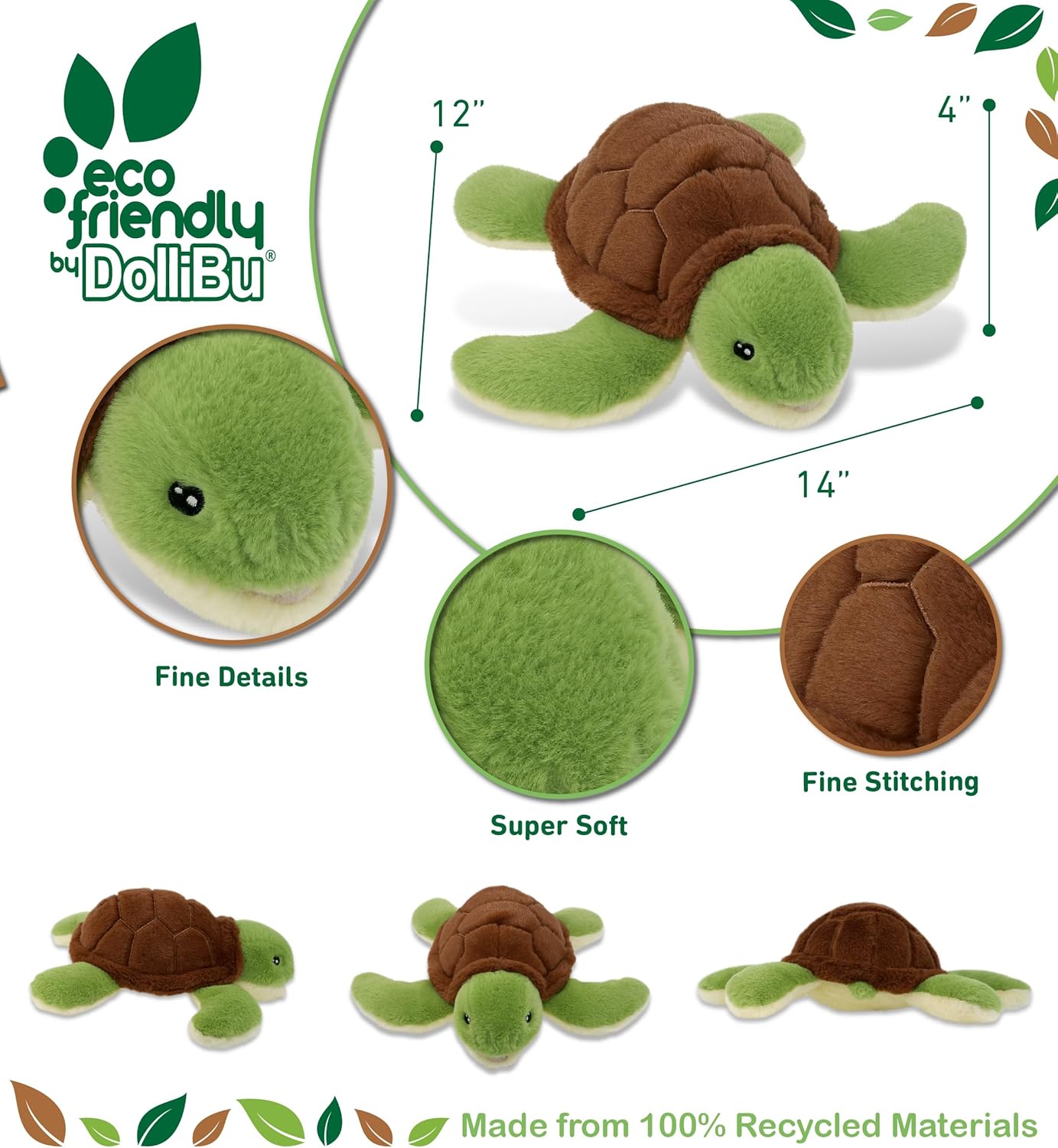 DolliBu Sea Turtle Plush Stuffed Animal 12 Inches