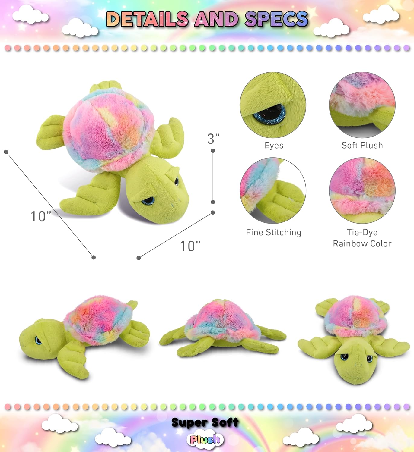 DolliBu Rainbow Green Sea Turtle Plush Toy