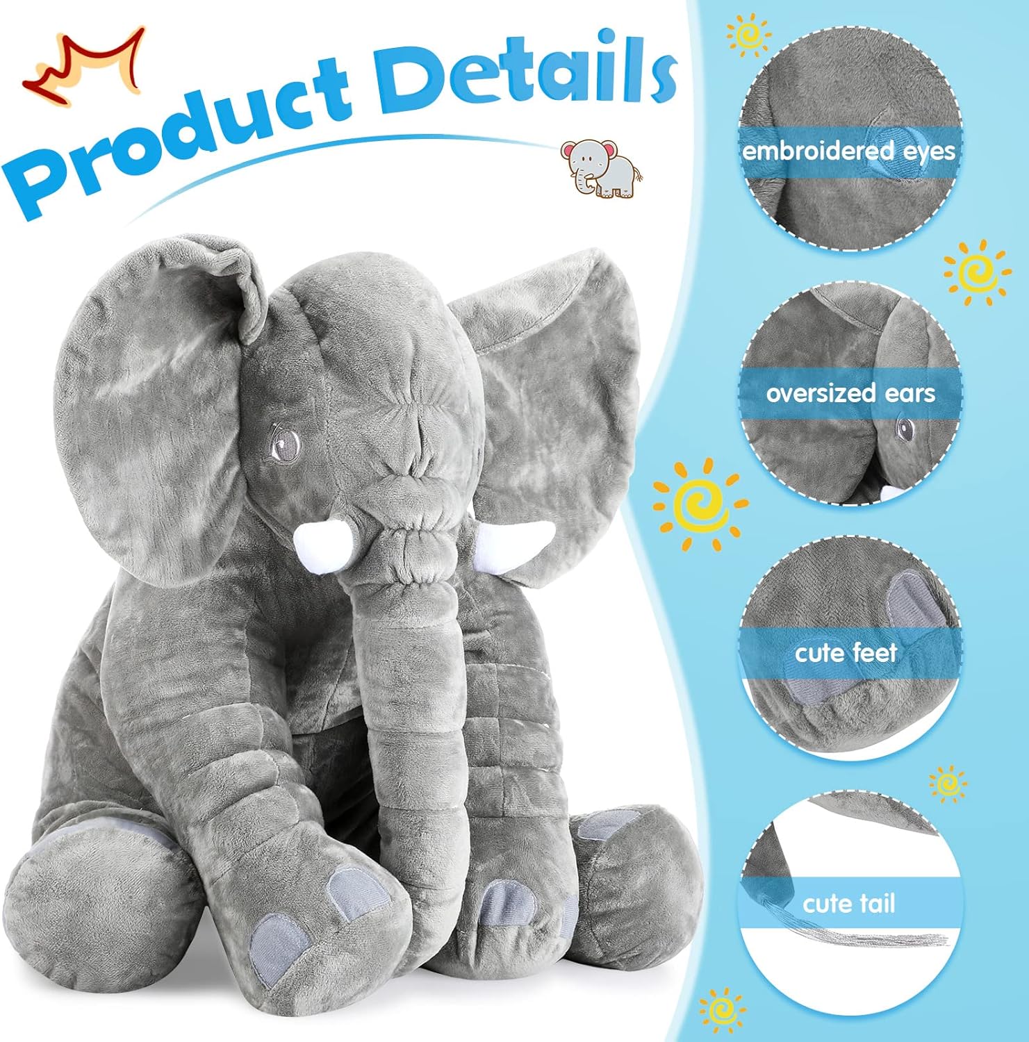 Yulejo Giant Gray Elephant Plush Toy for Kids